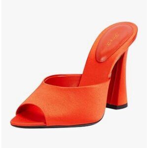 FOWT Orange Pointed Peep Toe Mules Block High Heel Slippers Slip on Dressy Shoes
